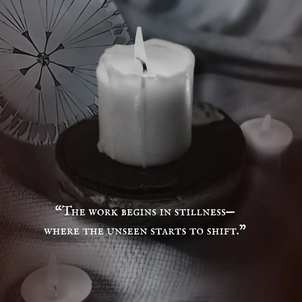 Lit white candle on a wooden base, surrounded by soft fabric and tealights—capturing a warm, grounded healing ritual atmosphere.