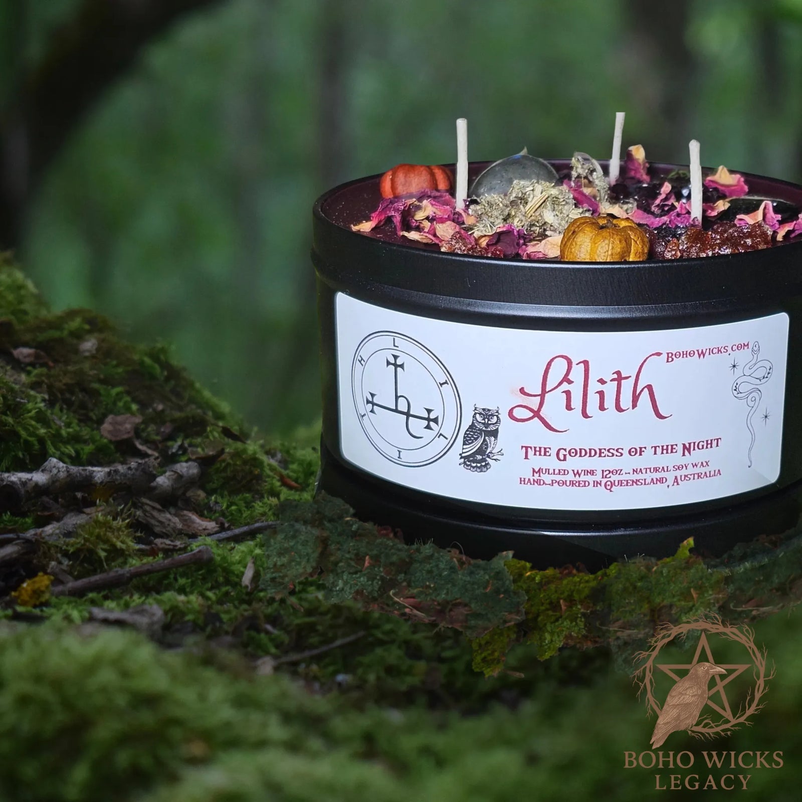 Boho Wicks Lilith ritual candle with obsidian, pumpkins, herbs, and sigil label, 12oz tin, hand-poured in Australia