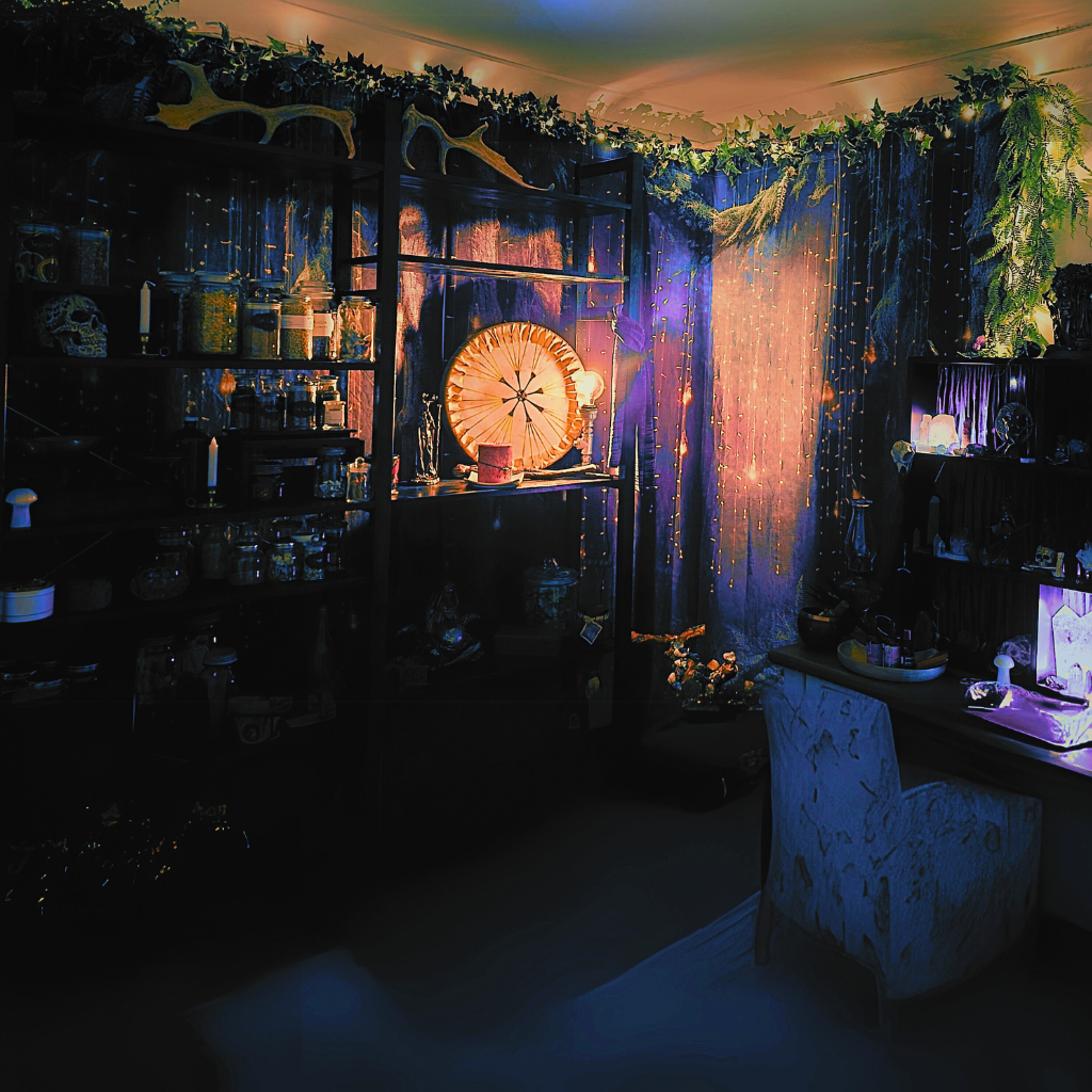 Moss & Raven ritual space with sacred drum, altar shelves, and ambient lighting for live elemental meditation gatherings