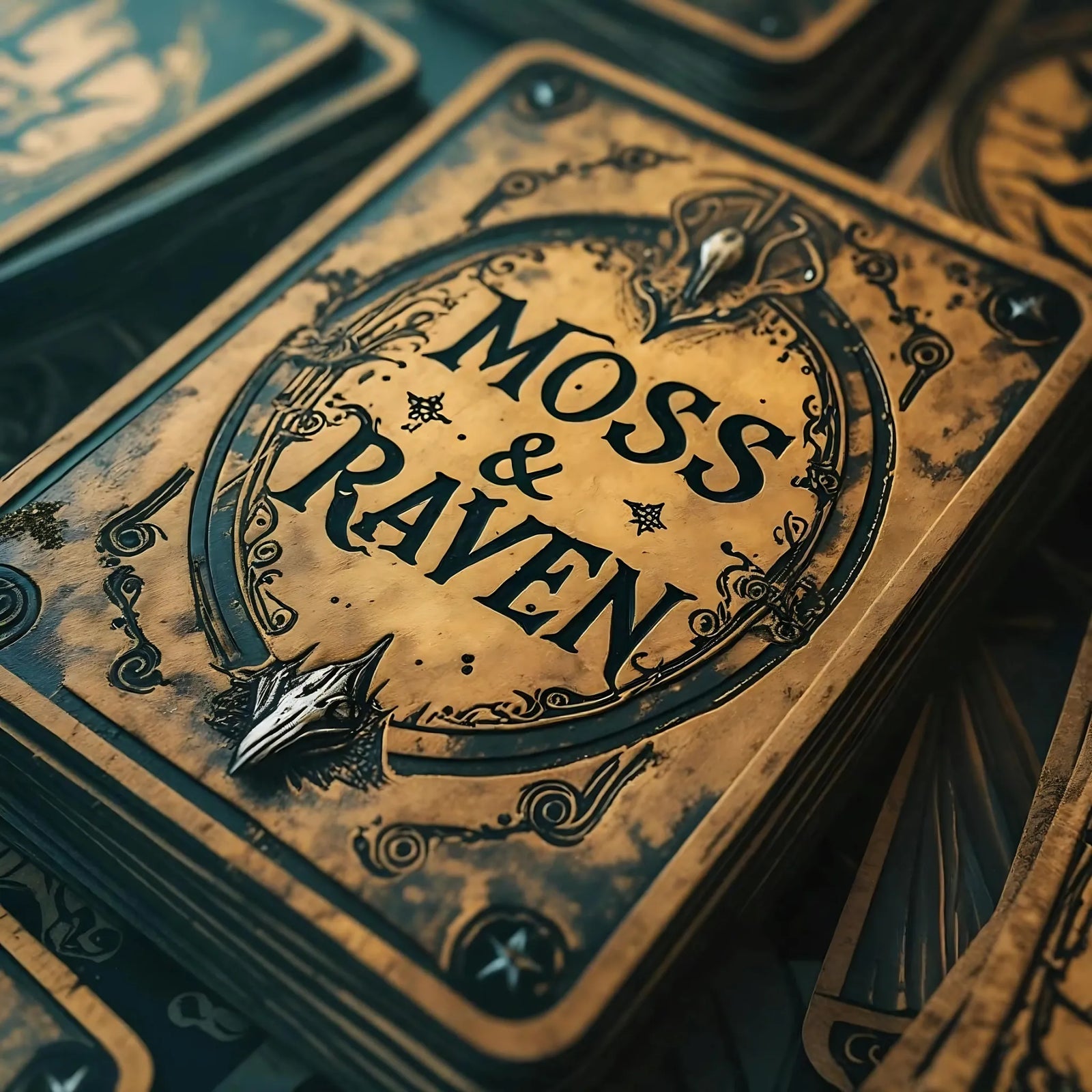 Stack of custom Moss & Raven oracle cards with ornate golden detailing and raven-themed artwork