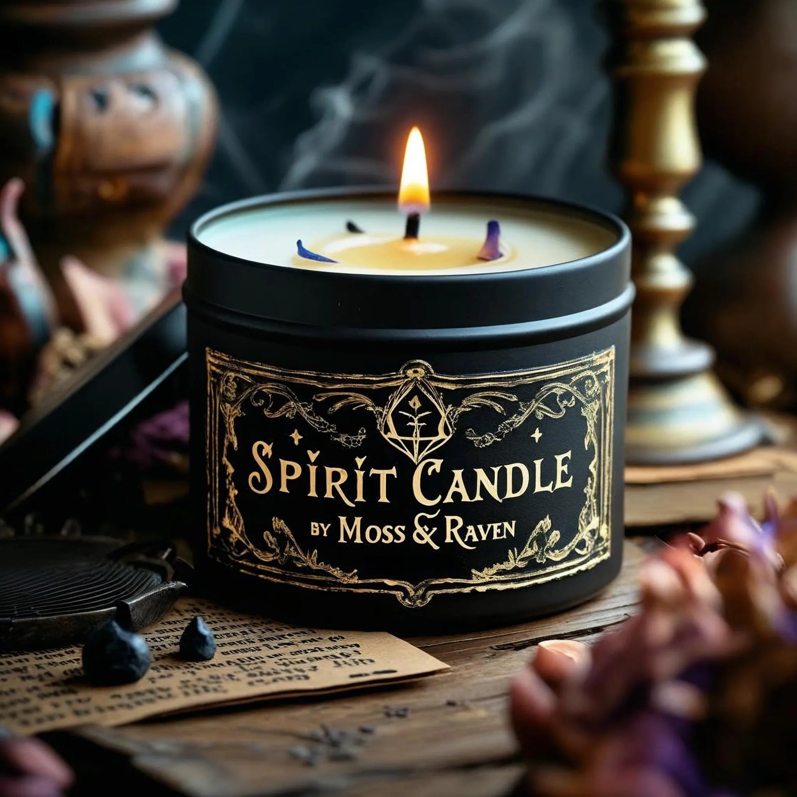 Moss & Raven Spirit Candle in black tin with ornate gold label, burning on altar surrounded by dried herbs and parchment