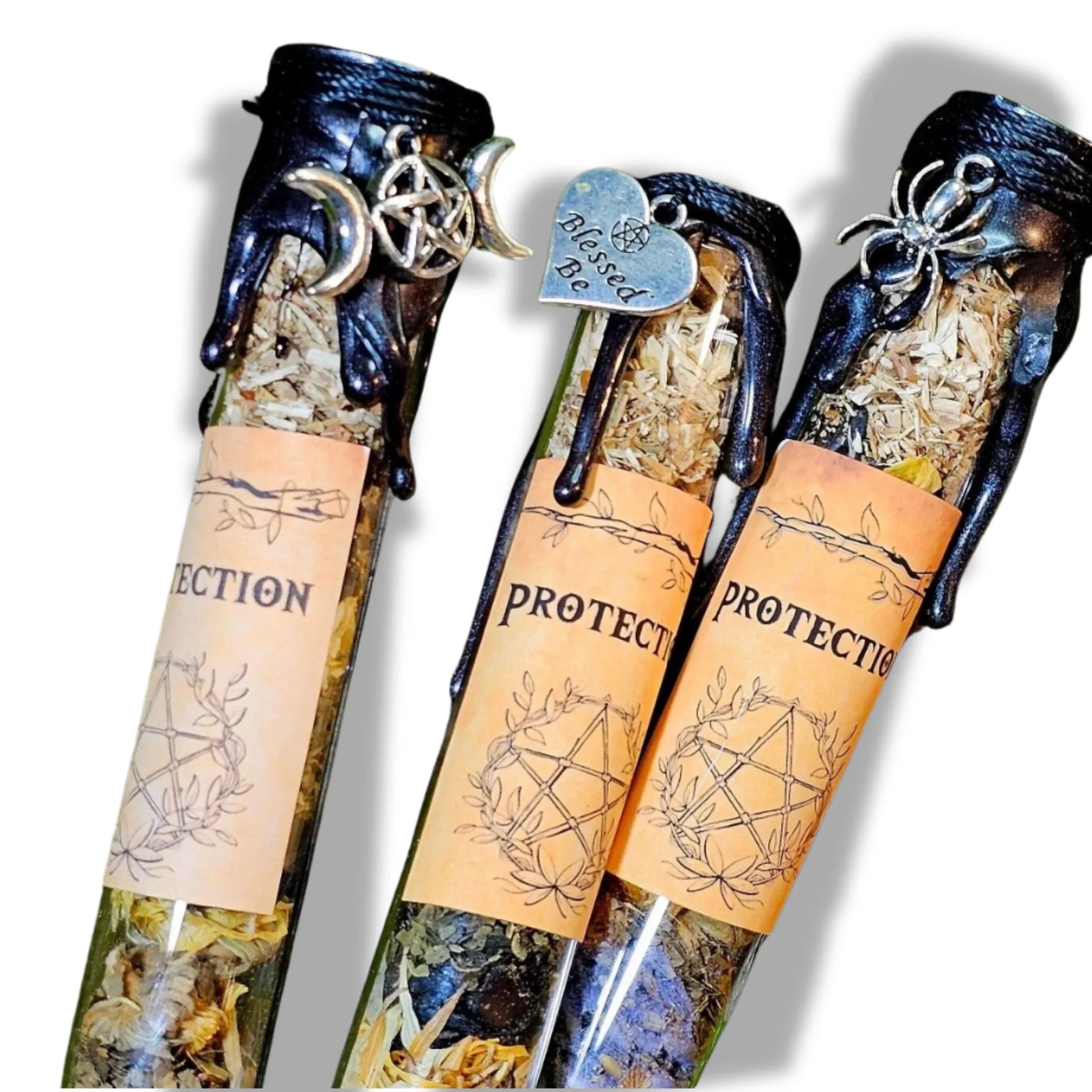 "Protection spell jar by Moss & Raven, crafted with herbs and crystals for energetic shielding and grounding."