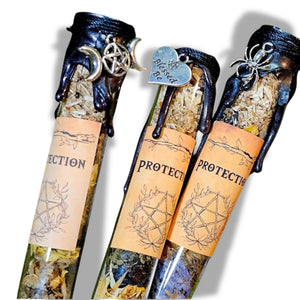 "Protection spell jar by Moss & Raven, crafted with herbs and crystals for energetic shielding and grounding."