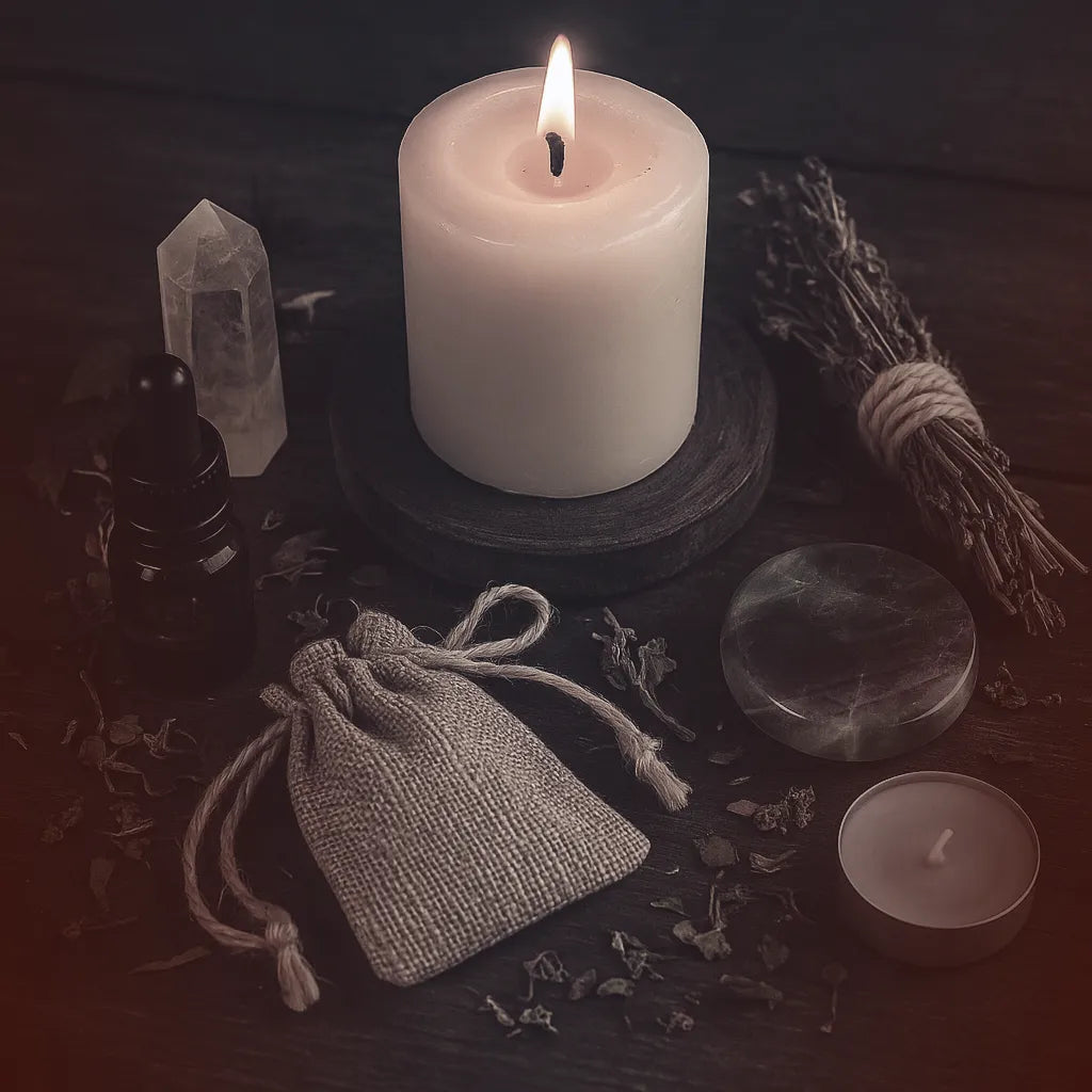 Cinematic flat lay of ritual tools arranged for atmosphere—includes a candle, herbs, crystal, and pouch. For mood reference only; not actual kit contents.