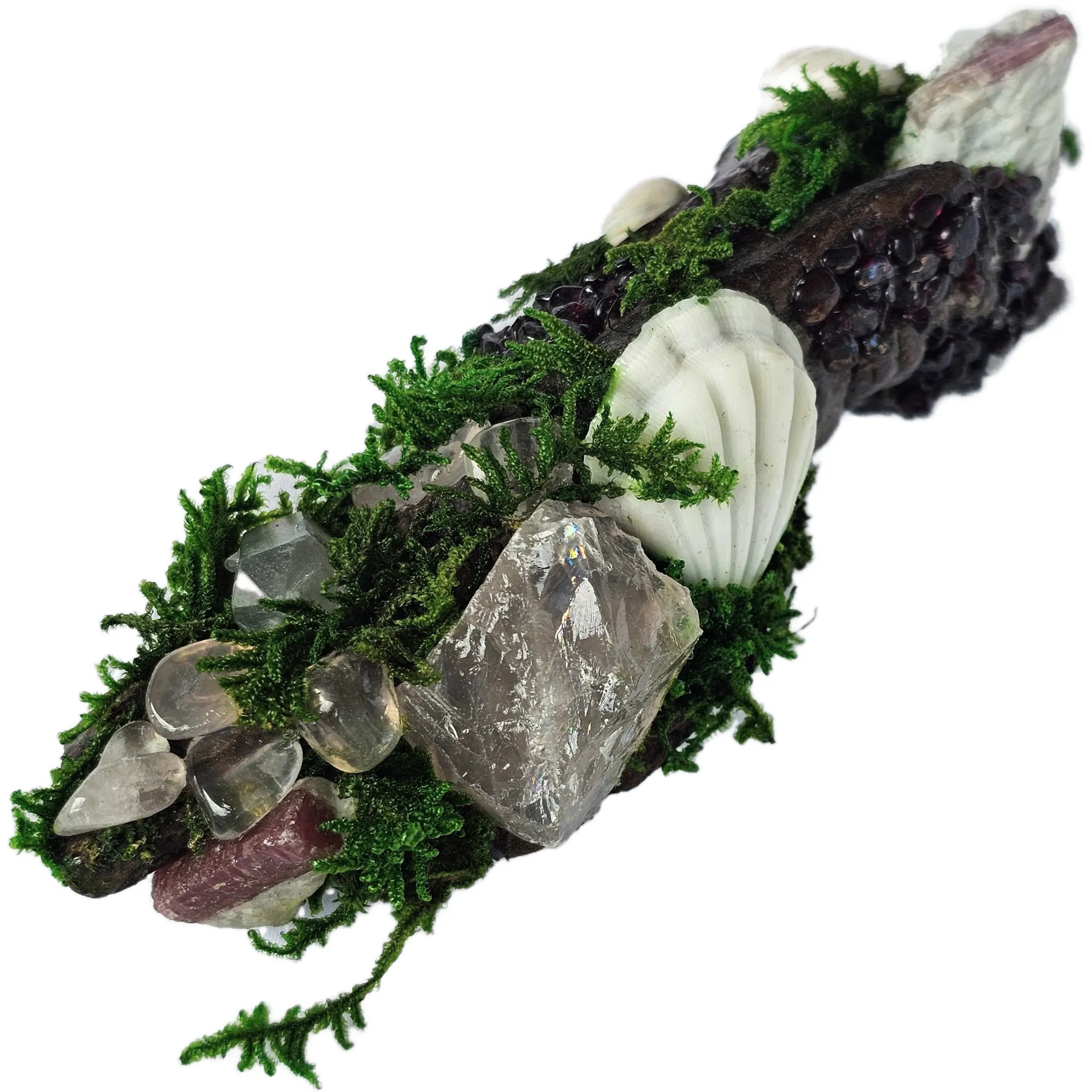 Crystal forest with garnet, rose quartz, aura quartz, pink tourmaline, moss, and seashells on driftwood – photographed on white background by Moss & Raven Australia