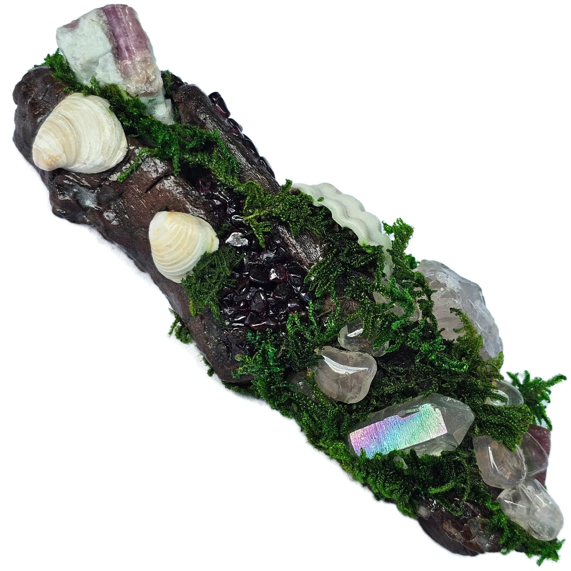 Crystal forest with garnet, rose quartz, aura quartz, pink tourmaline, moss, and seashells on driftwood – photographed on white background by Moss & Raven Australia