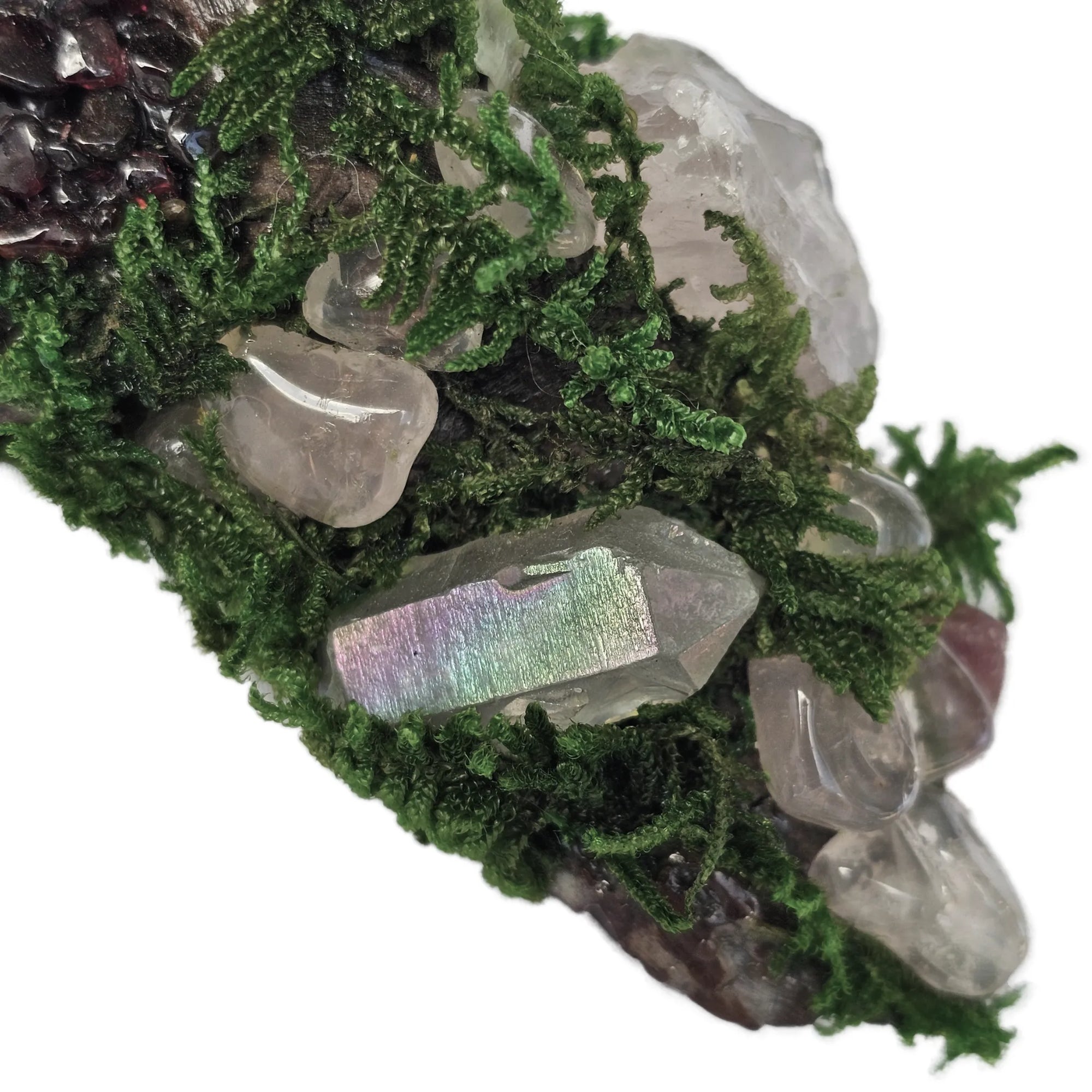 Crystal forest with garnet, rose quartz, aura quartz, pink tourmaline, moss, and seashells on driftwood – photographed on white background by Moss & Raven Australia