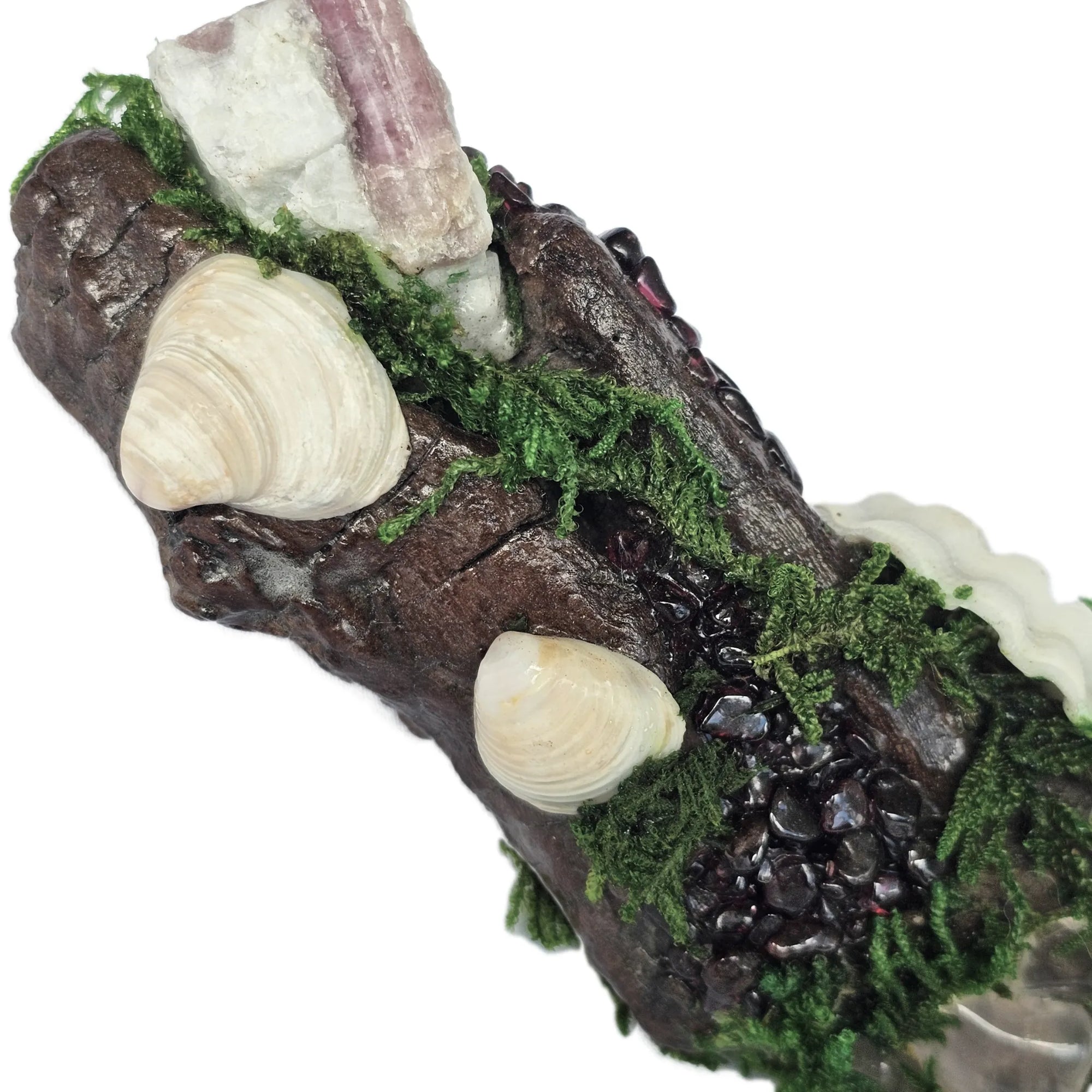Crystal forest with garnet, rose quartz, aura quartz, pink tourmaline, moss, and seashells on driftwood – photographed on white background by Moss & Raven Australia