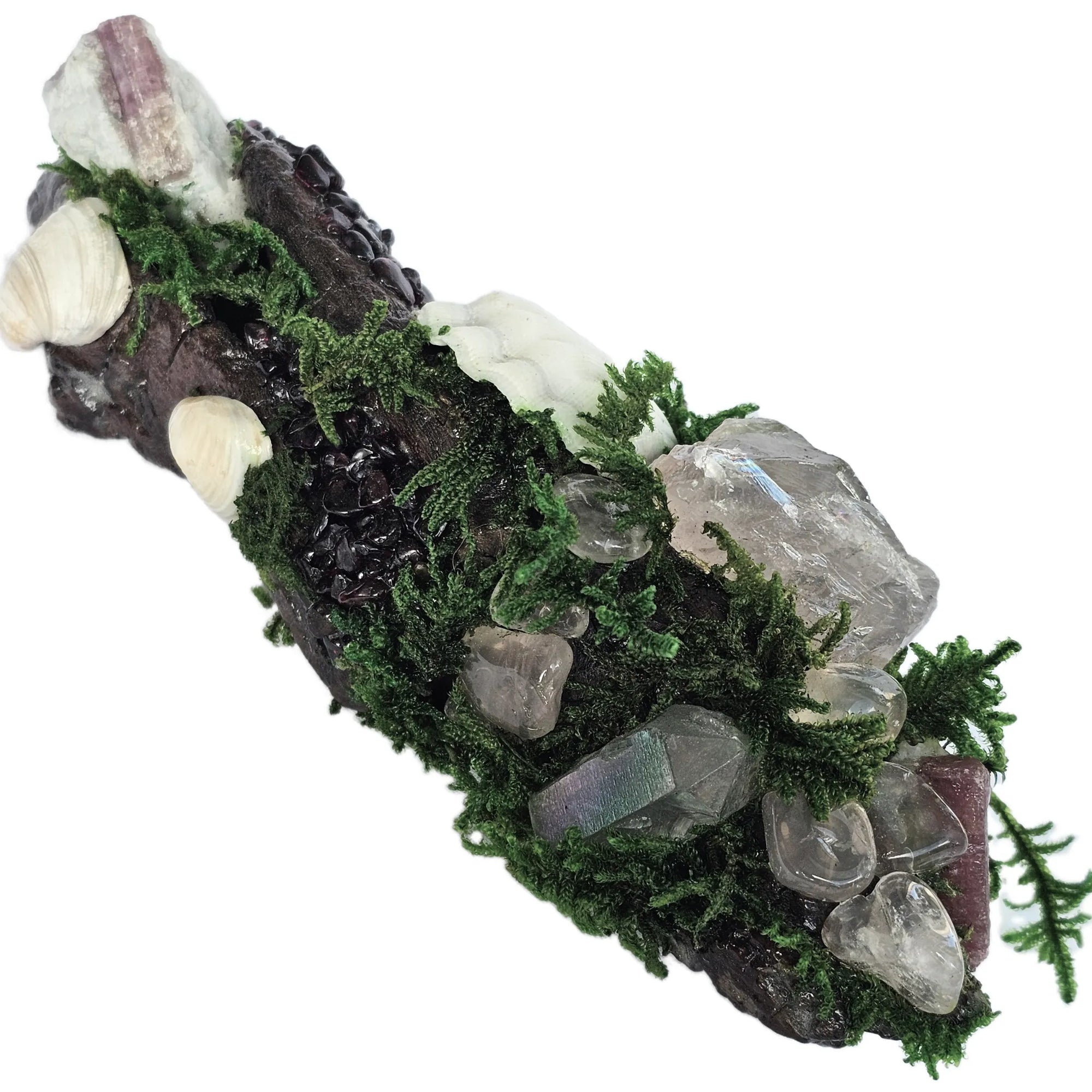 Crystal forest with garnet, rose quartz, aura quartz, pink tourmaline, moss, and seashells on driftwood – photographed on white background by Moss & Raven Australia
