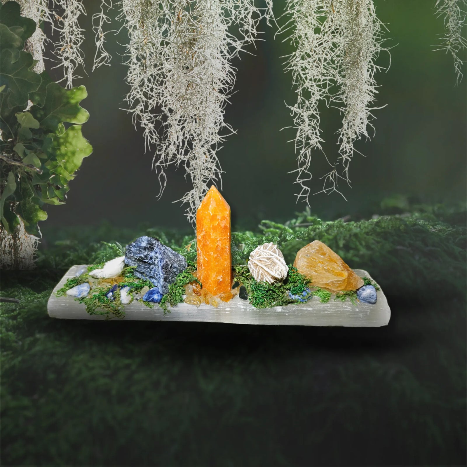 The Hearthstone crystal forest by Moss & Raven shown on moss and stone. Crafted on Selenite with Orange Calcite, Citrine, Sodalite, Desert Rose, seashell, and moss.

