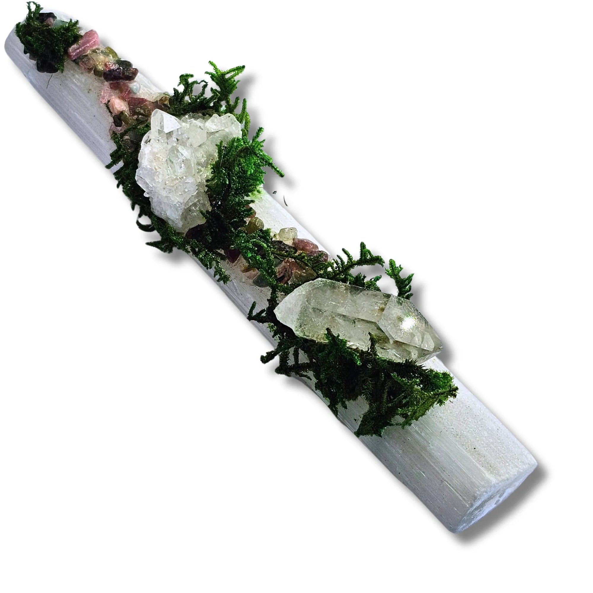 Crystal forest with clear quartz cluster, quartz point, watermelon tourmaline chips, moss, and selenite slab – photographed on white background by Moss & Raven Australia