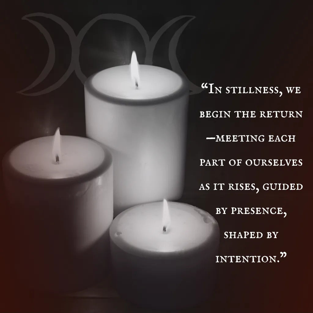 Three lit pillar candles arranged in a dark space with a triple moon symbol in the background and quote text about healing through presence and intention.
