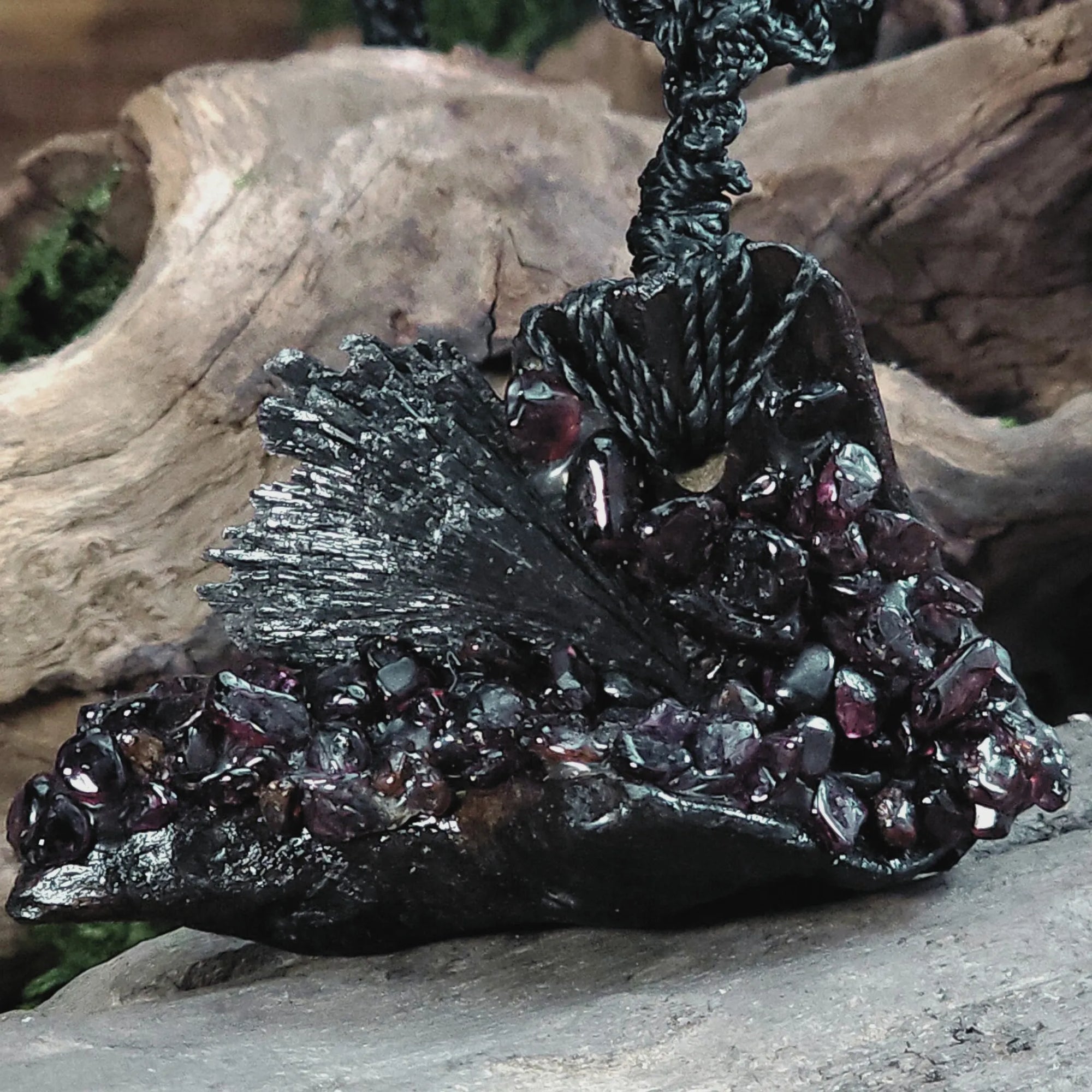 Close-up of raw black kyanite fanned outward like a broom, with natural garnet crystals clustered at the base, mounted on driftwood.