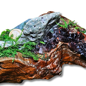 Wyrdwood crystal forest by Moss & Raven on white background. Features Moss Agate, Ocean Jasper, Smokey Quartz, Green Tourmaline, mushroom, moss, driftwood, acorn, and pine cone.