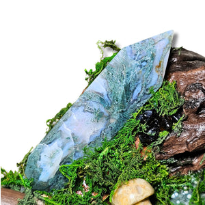 Wyrdwood crystal forest by Moss & Raven on white background. Features Moss Agate, Ocean Jasper, Smokey Quartz, Green Tourmaline, mushroom, moss, driftwood, acorn, and pine cone.